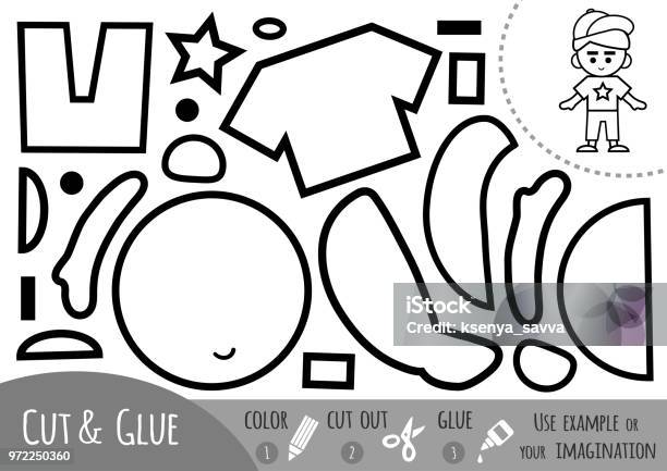 Education Paper Game Sporty Schoolboy Use Scissors And Glue To Create The Image Stock Illustration - Download Image Now