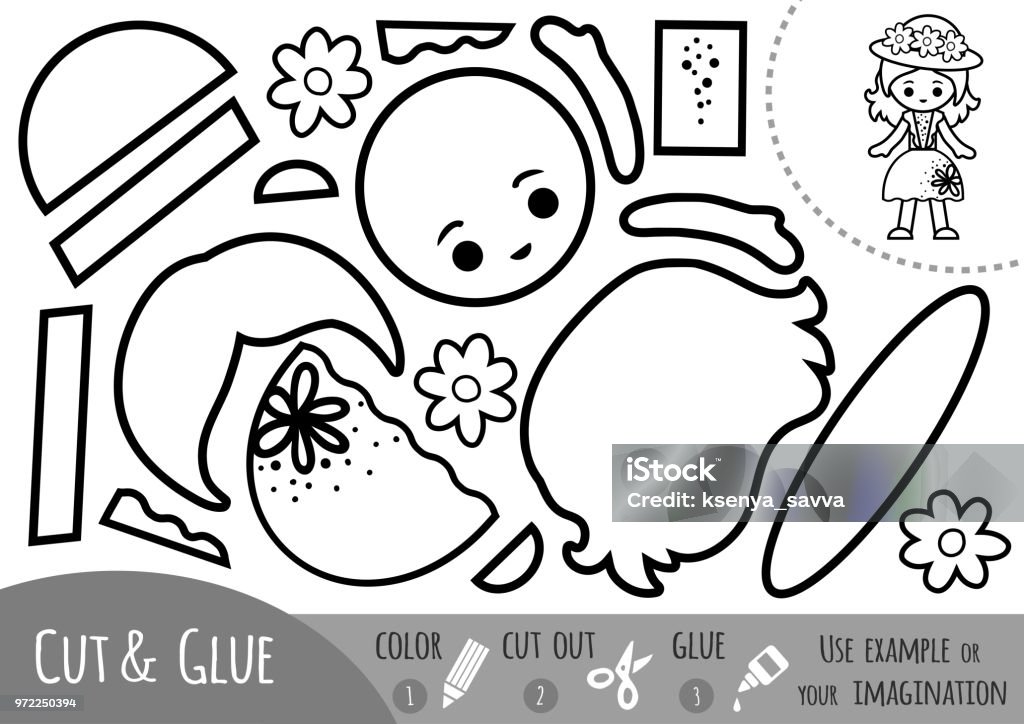 Education paper game, Girl in hat and summer dress. Use scissors and glue to create the image. Education paper game for children, Girl in hat and summer dress. Use scissors and glue to create the image. Appliqué stock vector