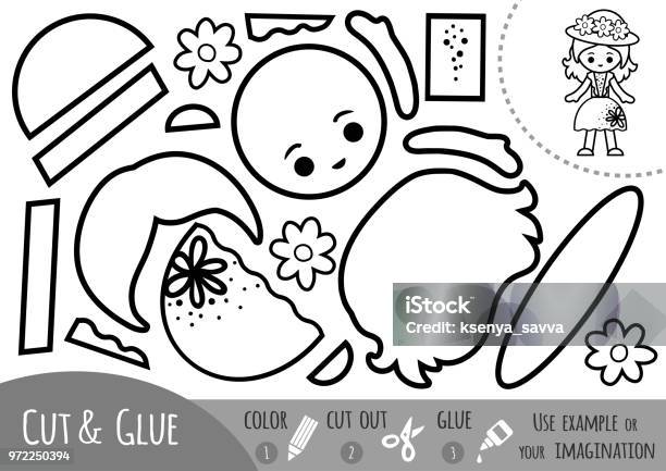Education Paper Game Girl In Hat And Summer Dress Use Scissors And Glue To Create The Image Stock Illustration - Download Image Now