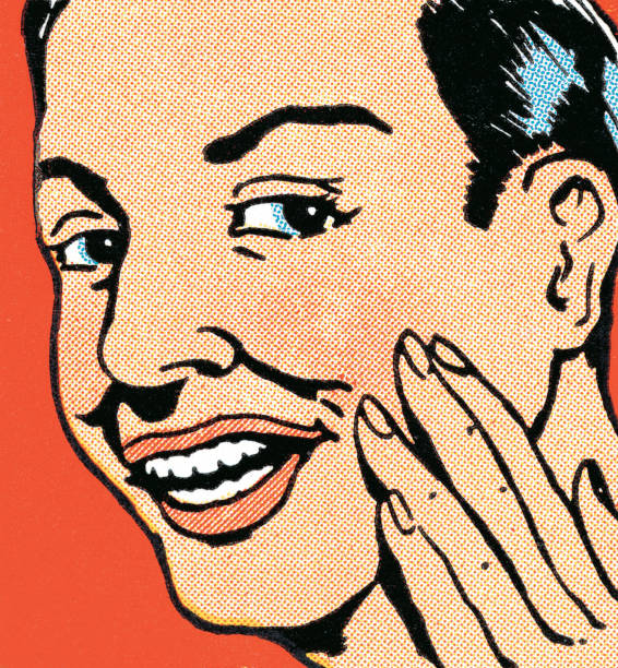 człowiek z ręką dotykając twarz - color image colored background close up human face stock illustrations