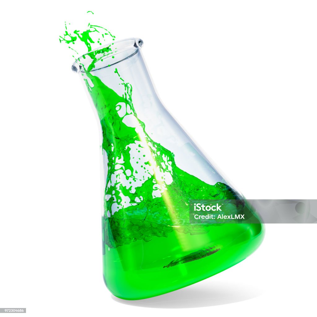 Chemical flask with green liquid and splash, 3D rendering isolated on white background Beaker Stock Photo