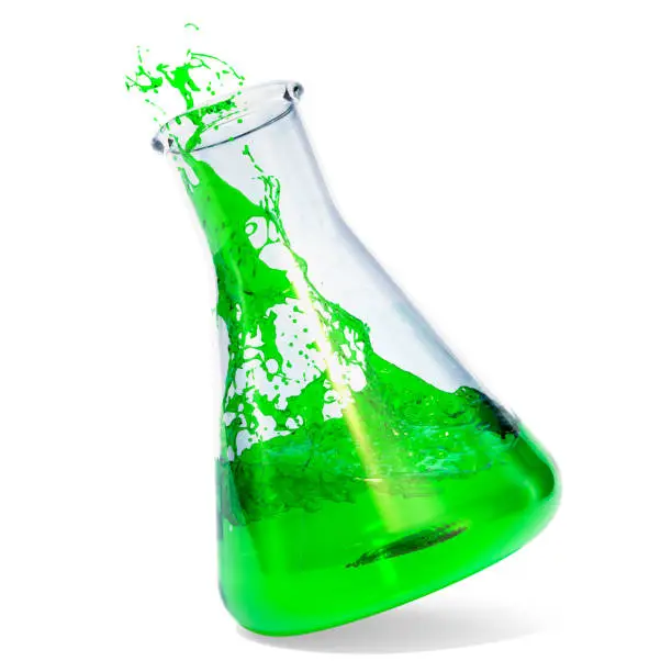 Chemical flask with green liquid and splash, 3D rendering isolated on white background