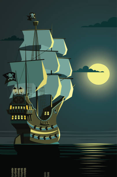 illustrazioni stock, clip art, cartoni animati e icone di tendenza di nave pirata solitaria in un mare aperto notturno - caravel nautical vessel sailing ship passenger ship