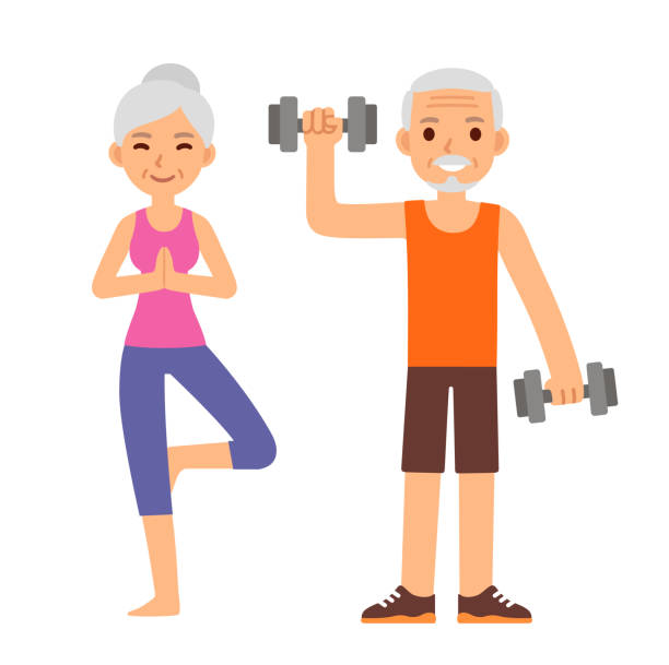 Active senior couple Active and healthy senior couple: cartoon woman doing yoga and man with dumbbells. Cute and simple modern flat vector style. cartoon of the older people exercising gym stock illustrations
