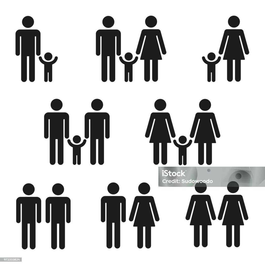 Icon set of families Families with children, single parents and couples. Traditional and same sex relationship. Simple icons of male and female figures, vector symbol set. Icon Symbol stock vector