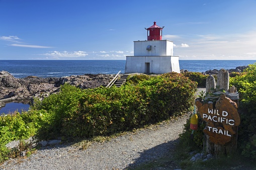 Amphitrite Point Lighthouse on Wild Pacific Hiking Trail near Ucluelet, Vancouver Island British Columbia Canada
