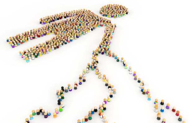 Crowd of small symbolic figures forming big person shape outreach queues, 3d illustration, horizontal, isolated, over white