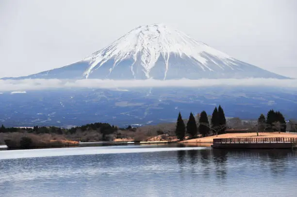 Wonderful view of Mount Fuji in Lake Tanuki an overcast afternoon with gray sky. Japan. Close-up.