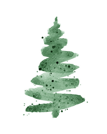 A green, abstract Christmas tree painted in watercolor with loose brush strokes and paint splatters. This watercolor painting is isolated on a white background.
