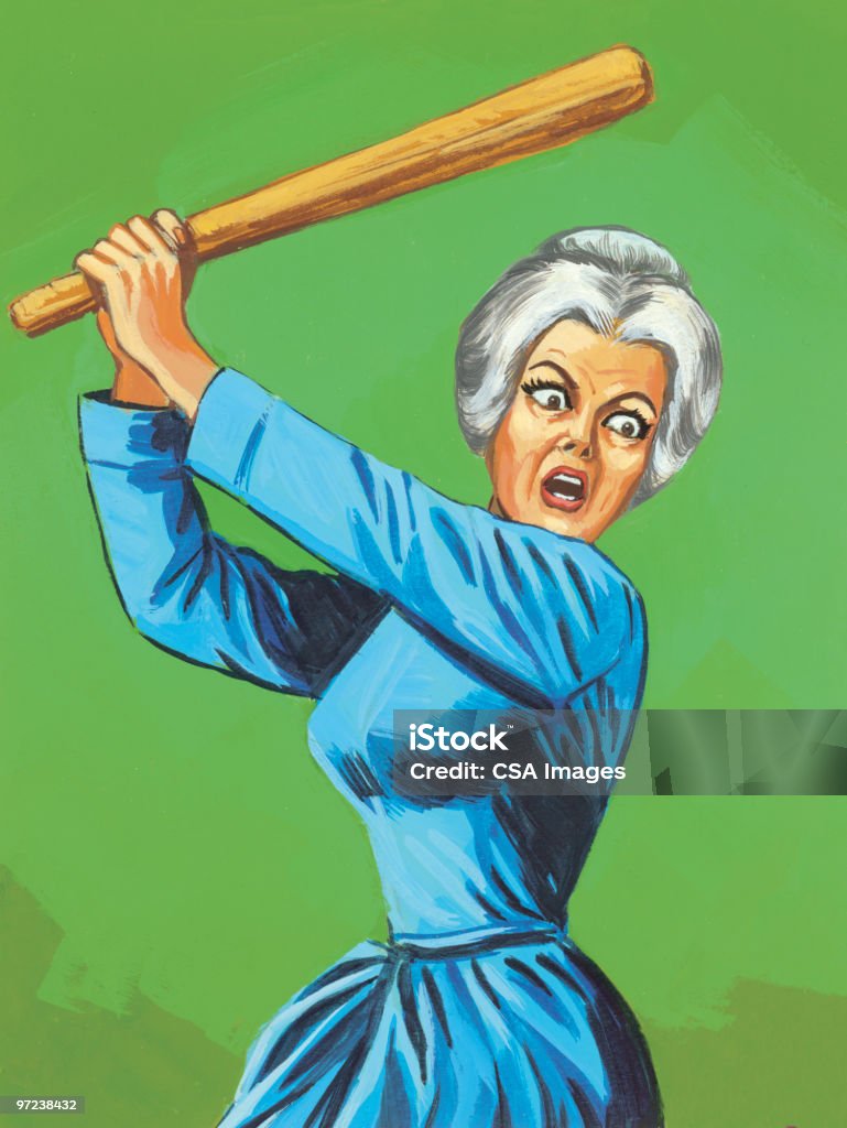 Старая женщина, размахивающего ножом Бейсбольная бита - Стоковые иллюстрации Бейсбольная бита роялти-фри