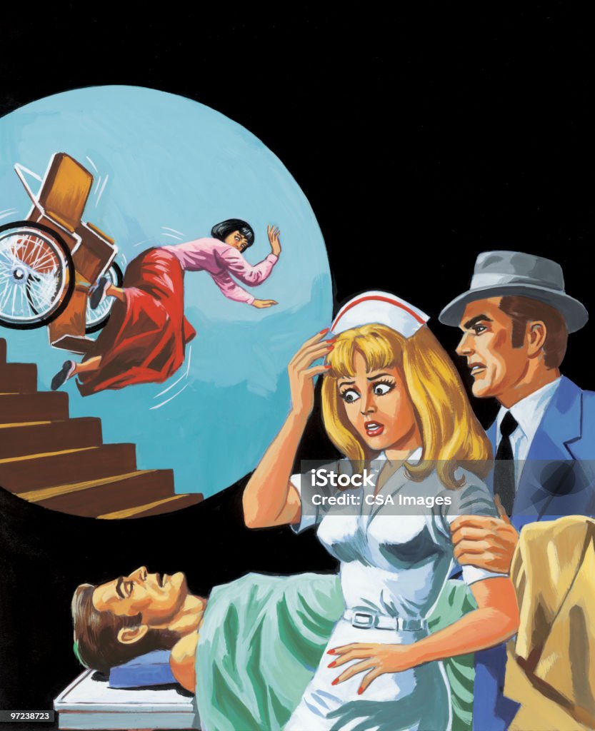 Enfermera y paciente, hombre y mujer caída por las escaleras - Ilustración de stock de Silla de ruedas libre de derechos