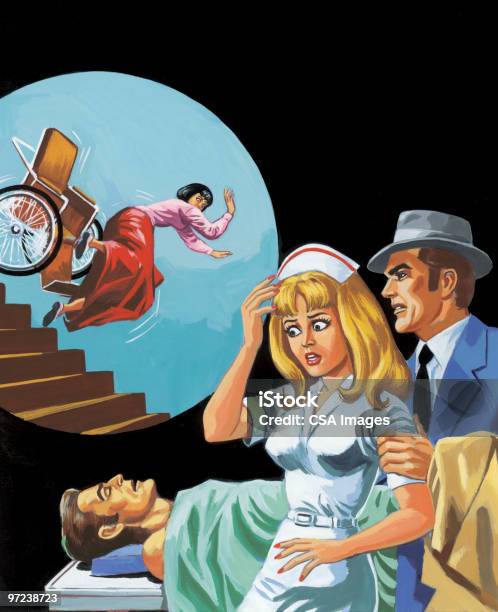 Ilustración de Enfermera Y Paciente Hombre Y Mujer Caída Por Las Escaleras y más Vectores Libres de Derechos de Silla de ruedas