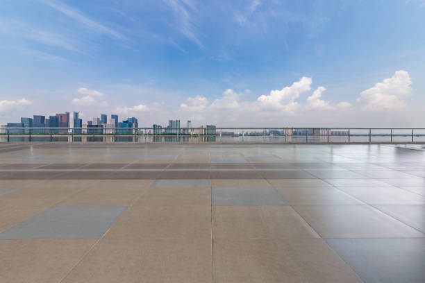 istock Panoramic skyline and modern business office buildings with empty road,empty concrete square floor 972389058