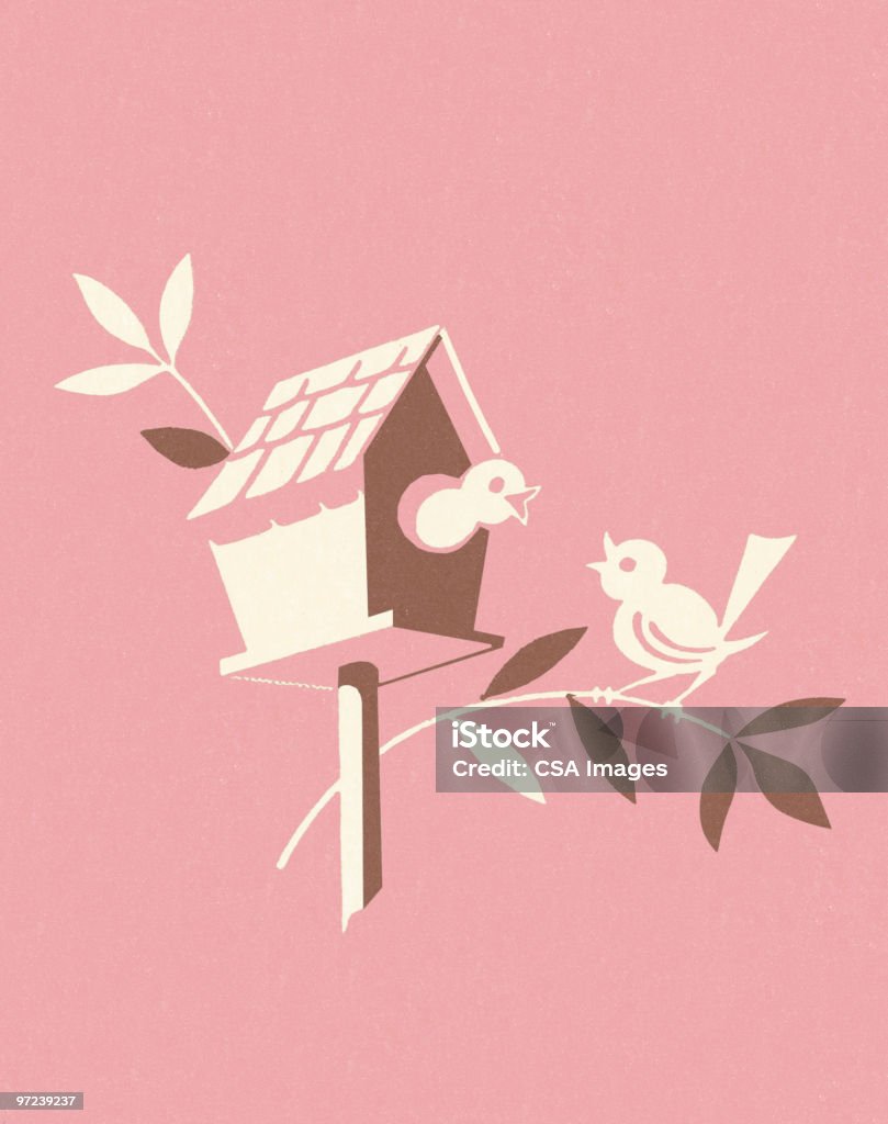 Pájaros en Rama con casita de pájaros - Ilustración de stock de Casita de pájaros libre de derechos