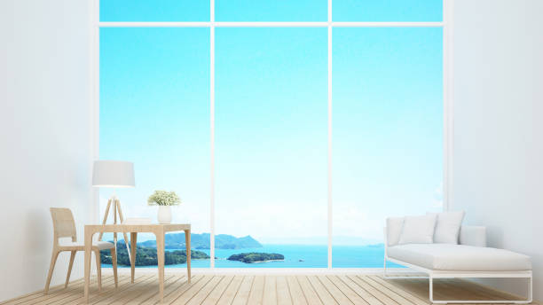 istock Workplace and empty space in condominium or home on sea view background - Study room nature view in apartment or hotel - 3D Rendering 972393730