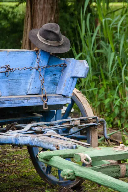 Rural scene - black hat on an old blue wagon