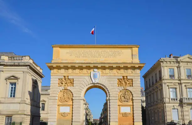 Triumphal arch in Montpellier city, south of France. Famous Louis XIV building. Typical monument of the city