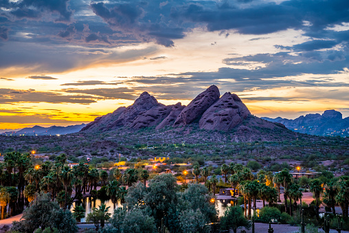 The red sandstone buttes of Papago Park in Phoenix, Arizona after sunset.