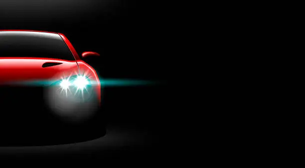 Vector illustration of realistic red sport car view with unlocked headlights in the dark