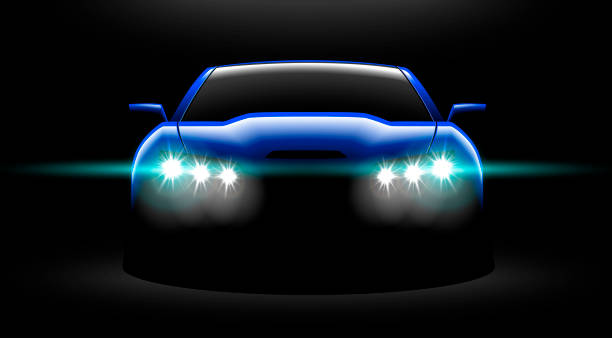 istock realistic blue sport car view with unlocked headlights in the dark 972420164