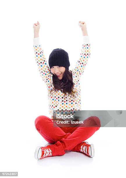 Sitting Excited Stock Photo - Download Image Now - Adult, Arms Raised, Beautiful People