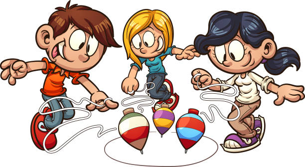 Spinning top kids Cartoon kids playing spinning top. Vector clip art illustration with simple gradients. Some elements on separate layers. spinning top stock illustrations