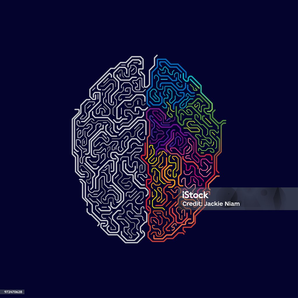 brain functions vector of left and right brain in futuristic style, concept of functions of two sides of brain Creativity stock vector