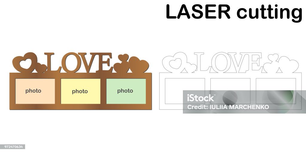 Rahmen für Fotos mit Aufschrift "Love" für das Laserschneiden. Collage Bilderrahmen. Vorlage-Laserschneidmaschine für Holz und Metall. - Lizenzfrei Baum Vektorgrafik