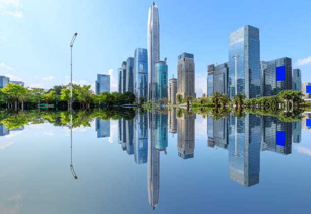 Beautiful modern city skyline and water reflection in Shenzhen