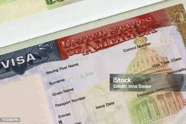 American Visa In Passport Closeup Stock Photo - Download Image Now - Passport Stamp, Emigration and Immigration, USA