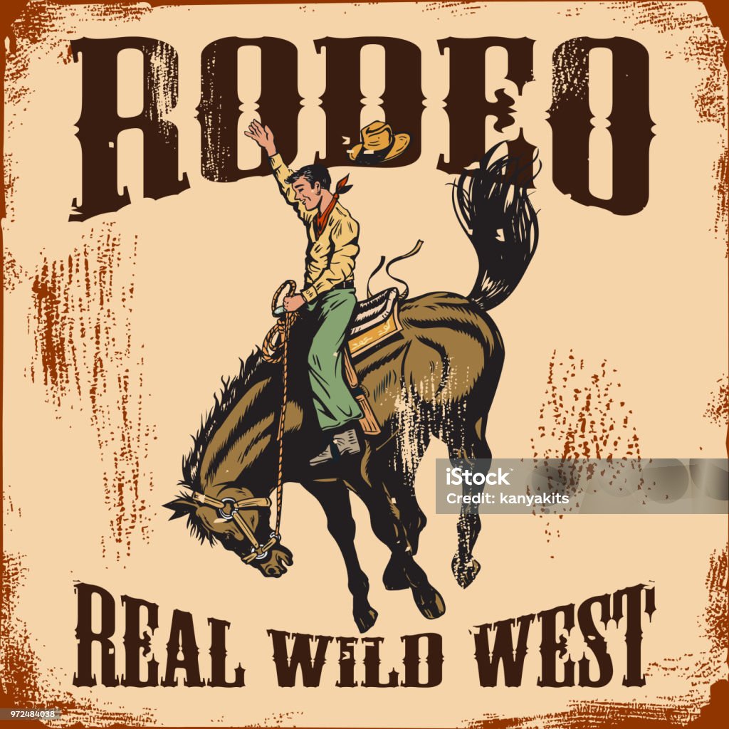 Western rodeo vintage sign, Cowboy riding wild horse. No layers Rodeo stock vector