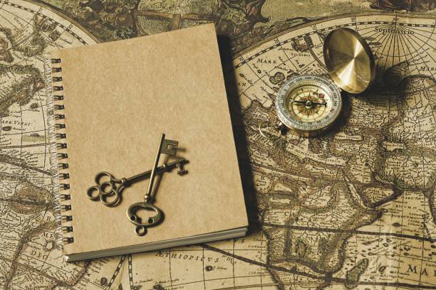 istock Old compass, antique keys and notebook on blur vintage world map, journey concept, copy space 972495154