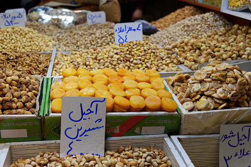 Tabriz, East Azerbaijan province, Iran - March 15, 2018: Nuts and dried fruits in Tabriz Grand Bazaar is one of the oldest bazaars in the Middle East.