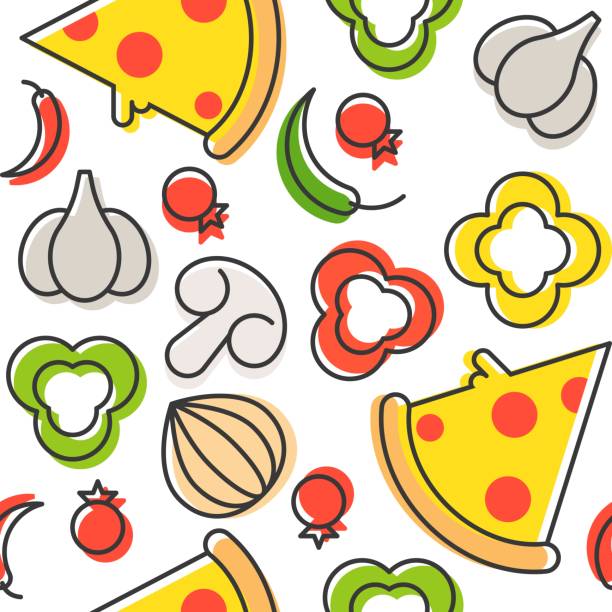 Pizza and ingredients seamless pattern, outline Pizza and ingredients seamless pattern, outline pizza designs stock illustrations