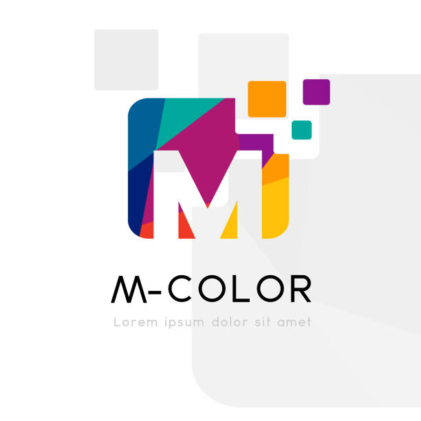 illustrazioni stock, clip art, cartoni animati e icone di tendenza di logo astratto arcobaleno con lettera m. illustrazione vettoriale - letter m typescript sign design element
