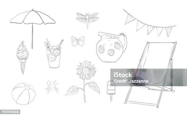 Hand Drawn Lineart Summer Vacation Set Stock Illustration - Download Image Now - Drink, Illustration, Lounge Chair