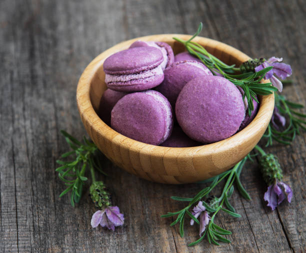 istock Lavender macarons in wood bowl 972517694