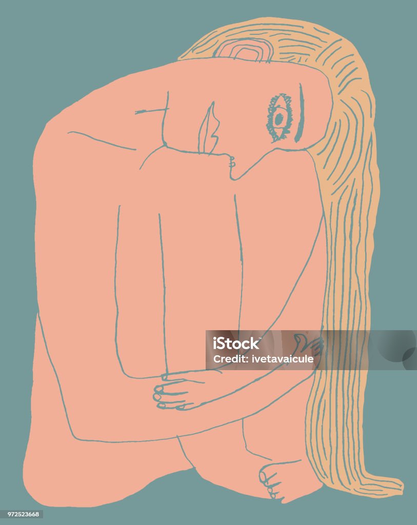 Nude women hugging in her knees Hand drawn lady and butterflies. Nature Contemplation stock vector