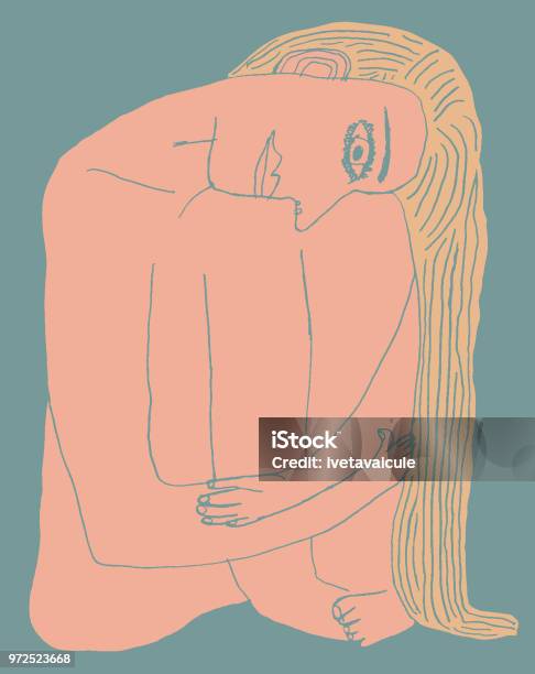 Nude Women Hugging In Her Knees Stock Illustration - Download Image Now - Contemplation, The Human Body, Foot