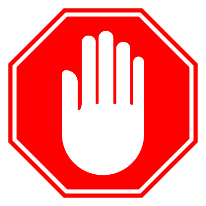 STOP HAND sign. White hand silhouette in red octagon. Vector icon.