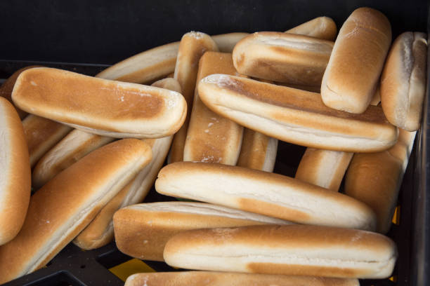 Close up of hot dog bread rolls for use on take away stall