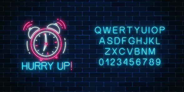Glowing neon sign with alarm clock, hurry up text and alphabet on dark brick wall background. Call to action symbol with cheering inscription and letters font. Its time to work. Vector illustration.