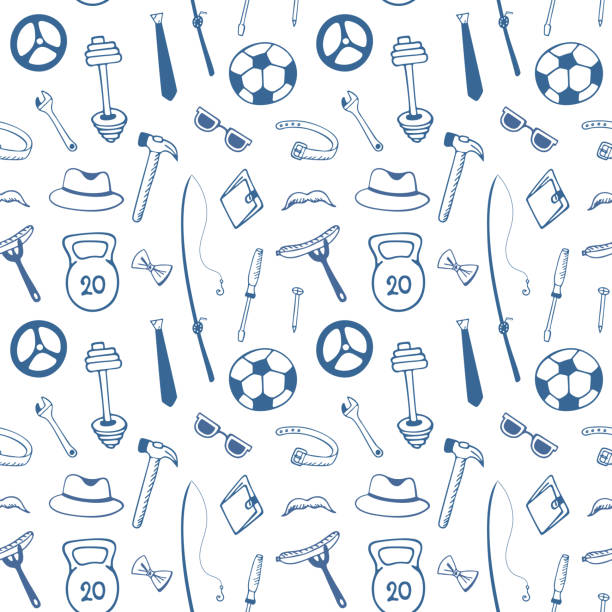 ilustrações de stock, clip art, desenhos animados e ícones de fathers day. mens accessories. instruments. sports equipment seamless pattern. - fork wrench