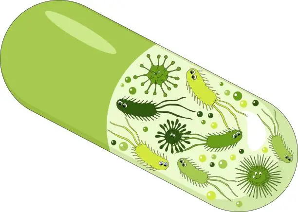 Vector illustration of Capsules with green probiotics bacteria. Concept of healthy nutrition ingredient for therapeutic purposes.