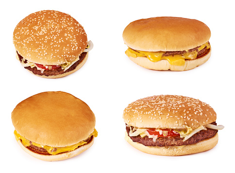 set of different Fresh tasty burger with cheese isolated on white background. Fast food Cheeseburger.