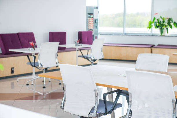 istock Interior of modern light empty open space office with big windows, table desks, chairs and green plants. Coworking workplace concept. Minimalism business style. Copy space. Selective focus. 972565762