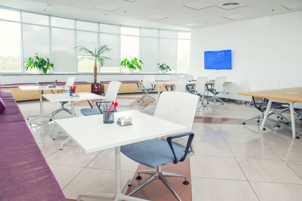 istock Interior of modern light empty open space office with big windows, table desks, chairs and green plants. Coworking workplace concept. Minimalism business style. Copy space. Selective focus. 972565768