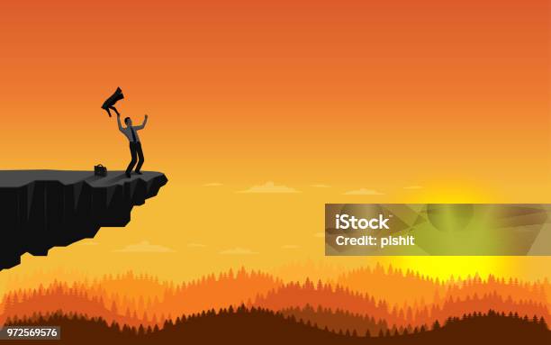 Happy Businessman Standing On Cliff Stock Illustration - Download Image Now - Cliff, Adult, Arm