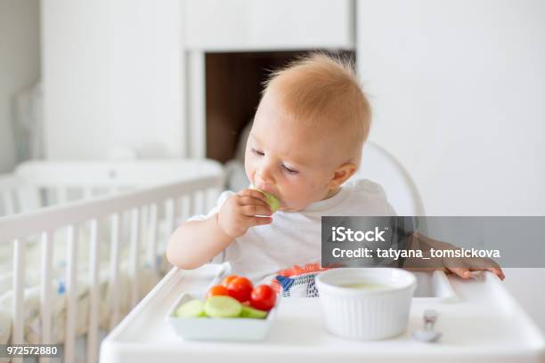 Dulce Bebé Niño Niño Comer Comida Puré Y Verduras Frescas Sentado En Silla Alta De Bebé Foto de stock y más banco de imágenes de Bebé