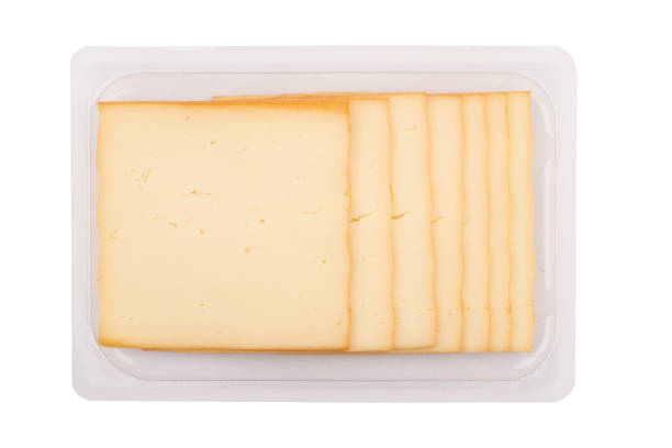 smoked cheese packaging on white background stock photo